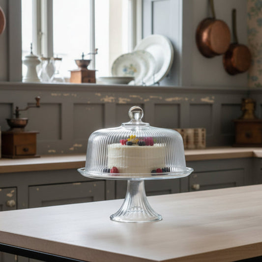Clear glass cake stand on a kitchen island with gray cabinets and decorative elements.